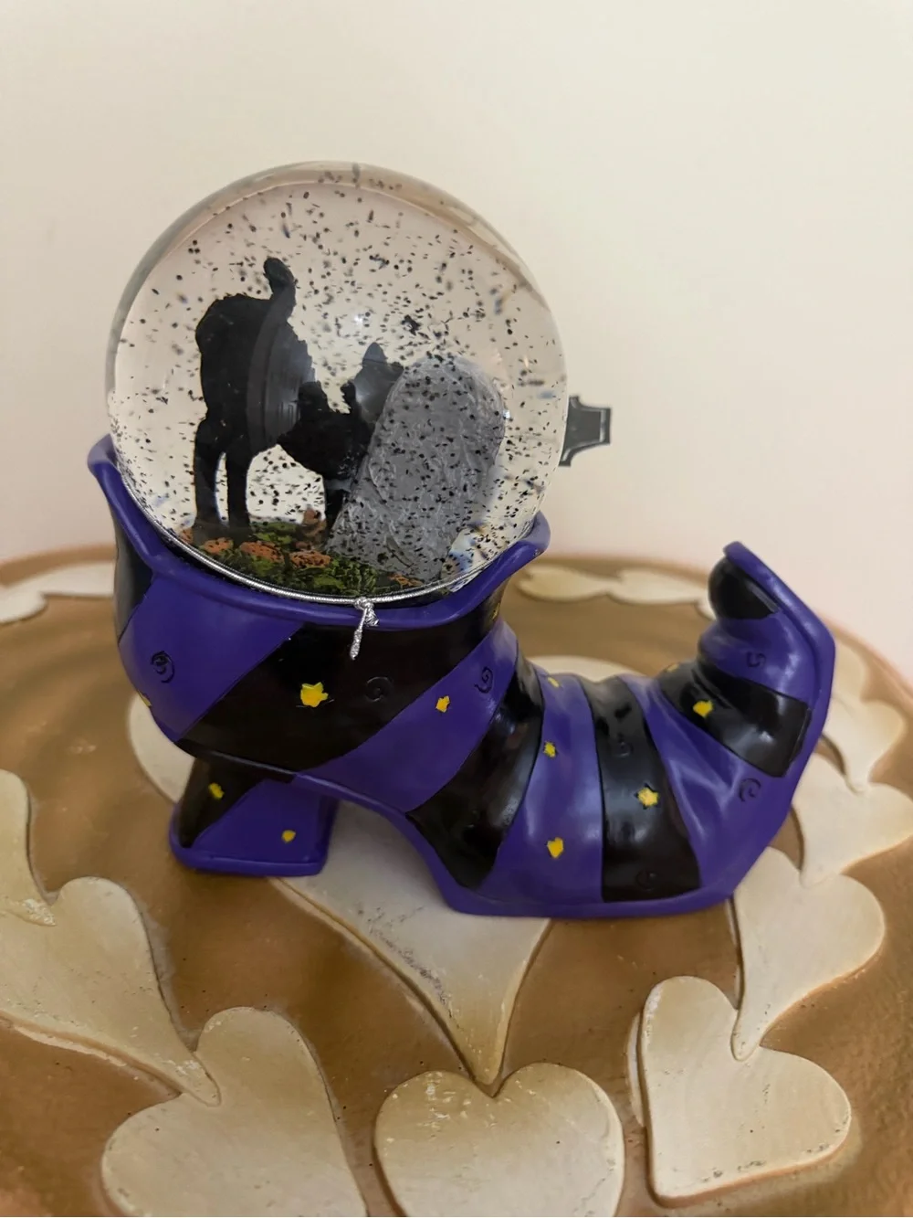 Bella Lux Purple Halloween Witch Shoe Snow Globe with Black Cat & Tombstone